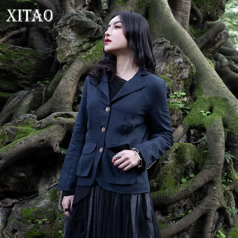 Turn Poche Green Couleur Dll2852 Collar Veste Pleine Femael Manches 2019 Femmes down xitao Nouveau Bouton Mode Lâche Solide Printemps Manteau Dark 4wnXqR64xa