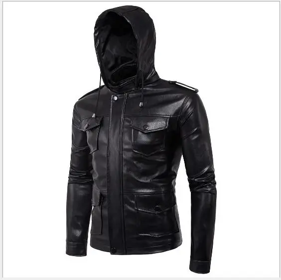 

Men Leather Coat 2019 New Winter Solid Zipper Up Hooded PU Leather Coat Men Outwear Fashion Casual Slim Fit Long Sleeve Coat