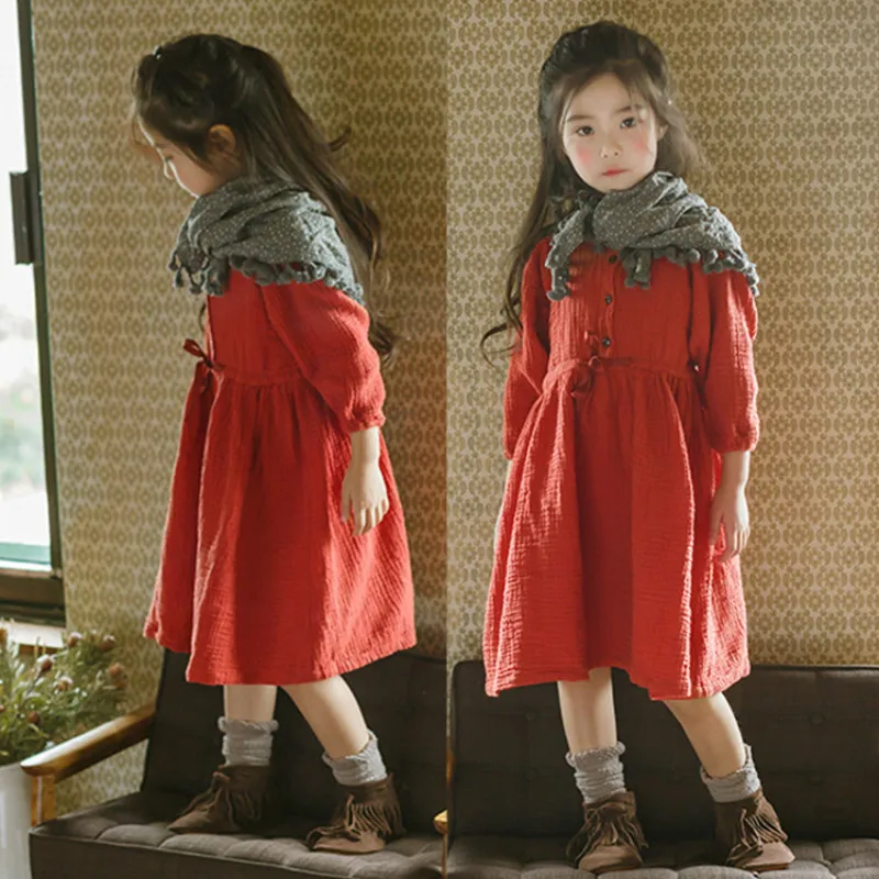 

Girls Autumn Dress New 2018 Korean Children Dress Red Long-sleeved Kids Cotton Dress Baby Princess Dress Waist Bow Clothes,#3136