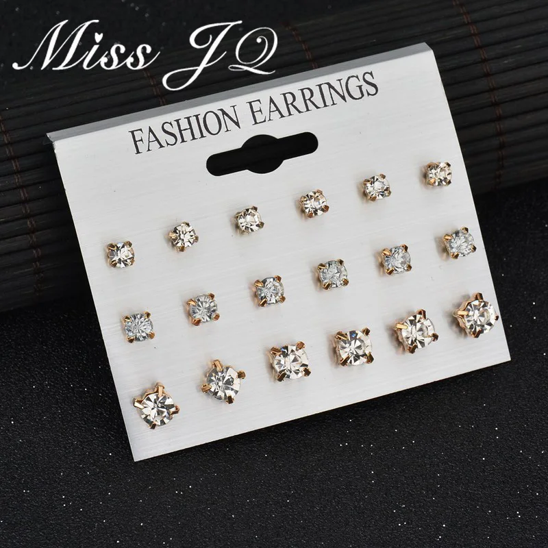 

Miss JQ 9 Pairs/Set Korea Fashion Elegant Shiny Gold Silver Color Square Crystal Stud Earrings Set For Women Jewelry oorbellen