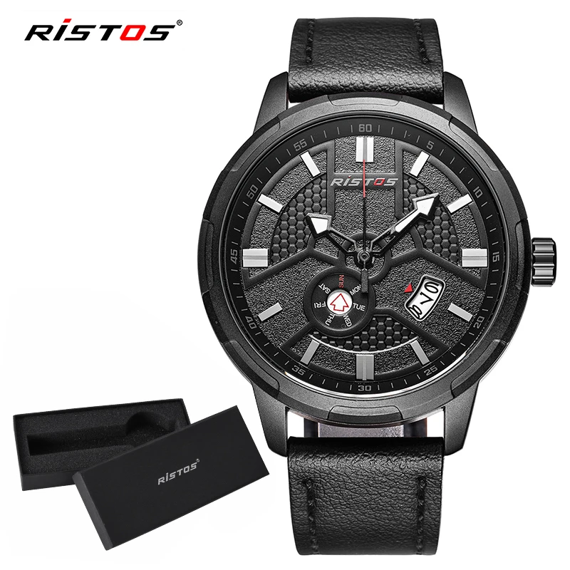 

RISTOS Genuine Leather Watches Date Calendar Fashion Men Wristwatch Army Hombre Reloj Masculino Hombre Sport Quartz Watch 9329