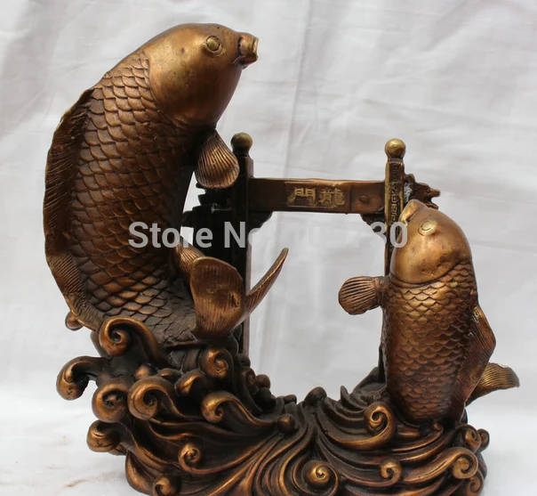 

p2266 9" Chinese Fengshui Bronze Famous Two Carp Cyprinoid Jump Dragon Goat Statue H