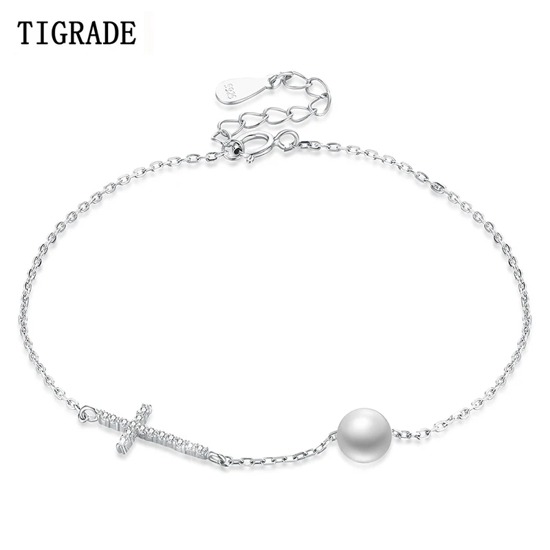 

TIGRADE Fashion Sideways Charm Bracelet 925 Sterling Silver Faith Christian Cross Bracelet Simple Tiny Crystal Bracelets Bangle