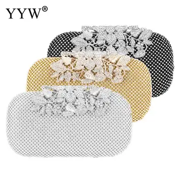 

Women Evening Clutch Bag Wedding Shiny Handbags Fashion Flower Clutches Bags Chain Shoulder Handbag Gold Silver Black Color