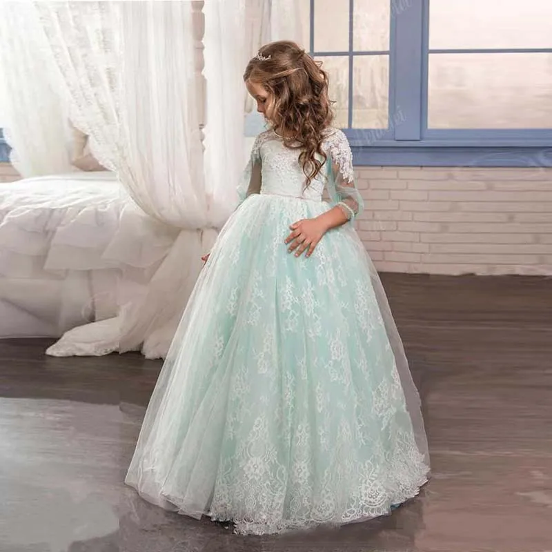 

2019 Romantic Mint Green Flower Girl Dress for Wedding Tulle Lace Open Back Ball Gown First Communion Pageant Dress for Girls