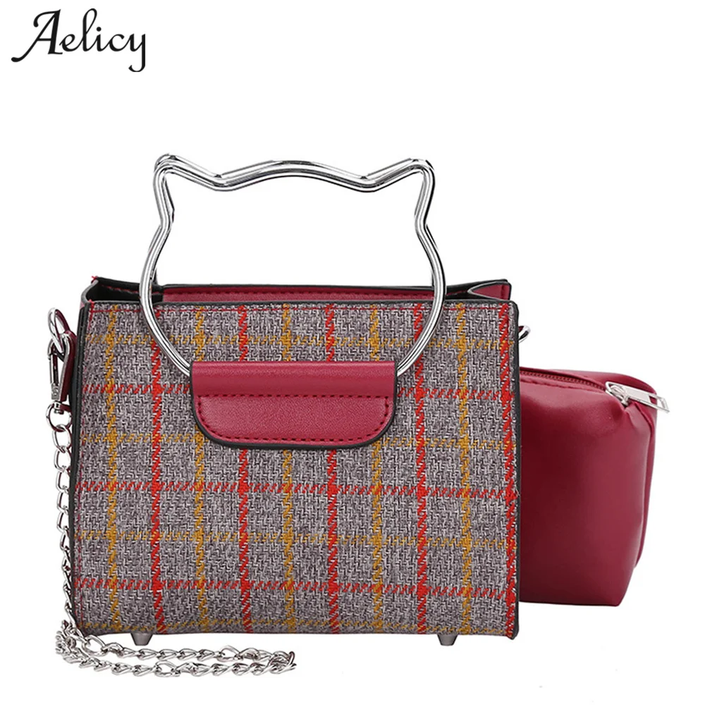 

Aelicy 2PCS 2019 New Design Women Cute Cat Handle Handbag Vintage Plaid Mini Bag Female Bag Leather Chains Fake Designer Handbag