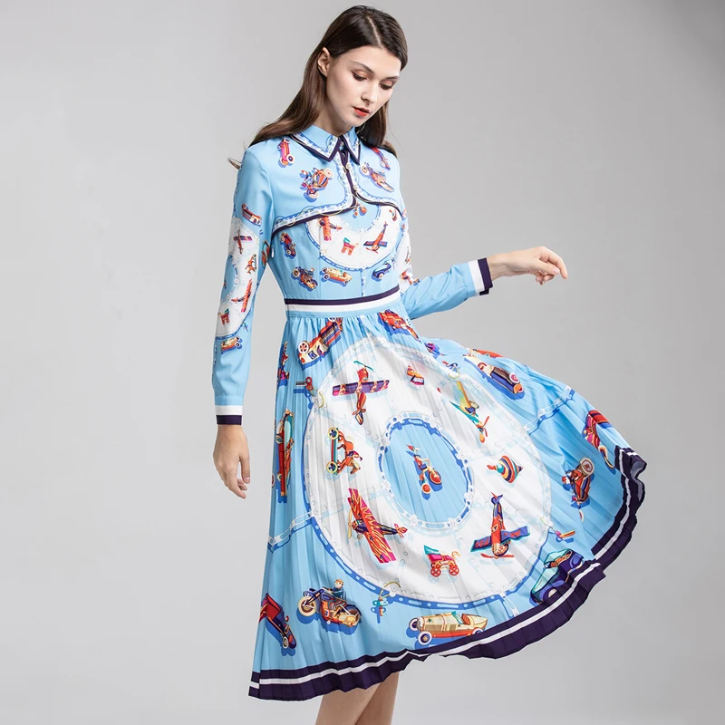 

OL Women Runway Dresses 2019 Fashion Spring Flowers Print Slim Long Sleeve Turn down Collar Pleated Blue European Hot Dress