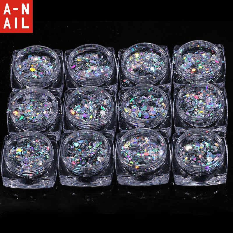 

12jars/set Mixed size Nail Art Glitter Powder Assorted Shape Loose Sequins DIY Nail Art Tips Decoration Laser Sliver Confetti