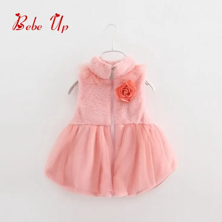 

Autumn Winter Sleeveless Baby Solid Appliques Flower Zipper Dress Kids Princess Girls Children Clothing Mesh Patchwork Clothes