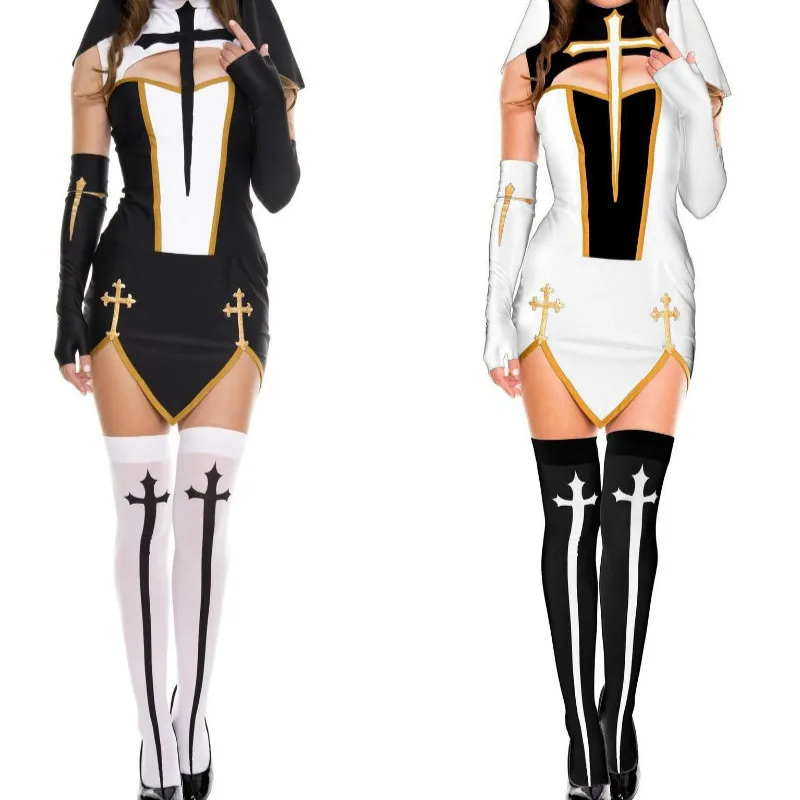 

2018 New Black Long Dresses Set Split Role Play Nun Costumes Sexy Women Shows Cosplay Uniform Temptation Nun Halloween Costume