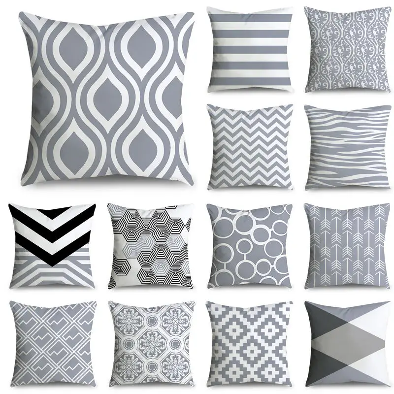 

45*45cm Gray Striped Geometric Cushion Cover Polyester Pillowcase Cojines Decorativos Para Sofa Home Bedroom Sofa Decor 40814