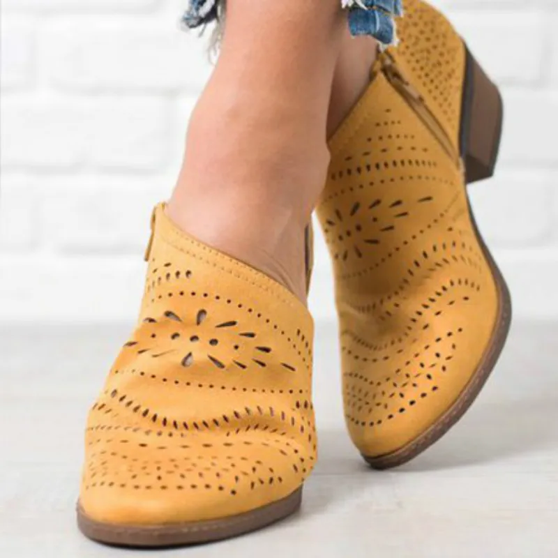 

Women Spring Shoes Low Heel Cut Out Hollow Out Solid Color Lady Pink Shoes Leather 2019 New Square Heel Zipper Plus Size 35-43
