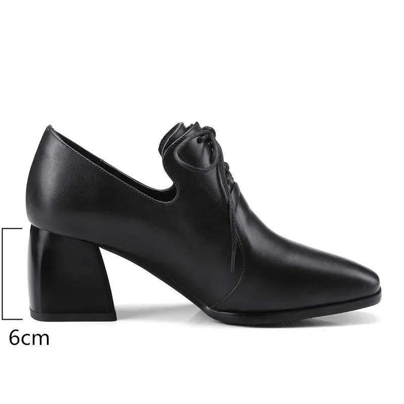 Primavera 2019 Cuadrado Pie Trabajo Damas De Otoño Las Tacones Moda Zjvi Negro Del Mujeres Zapatos Y Cuero Encaje Dedo Mujer Genuino Alta ATaqXxv