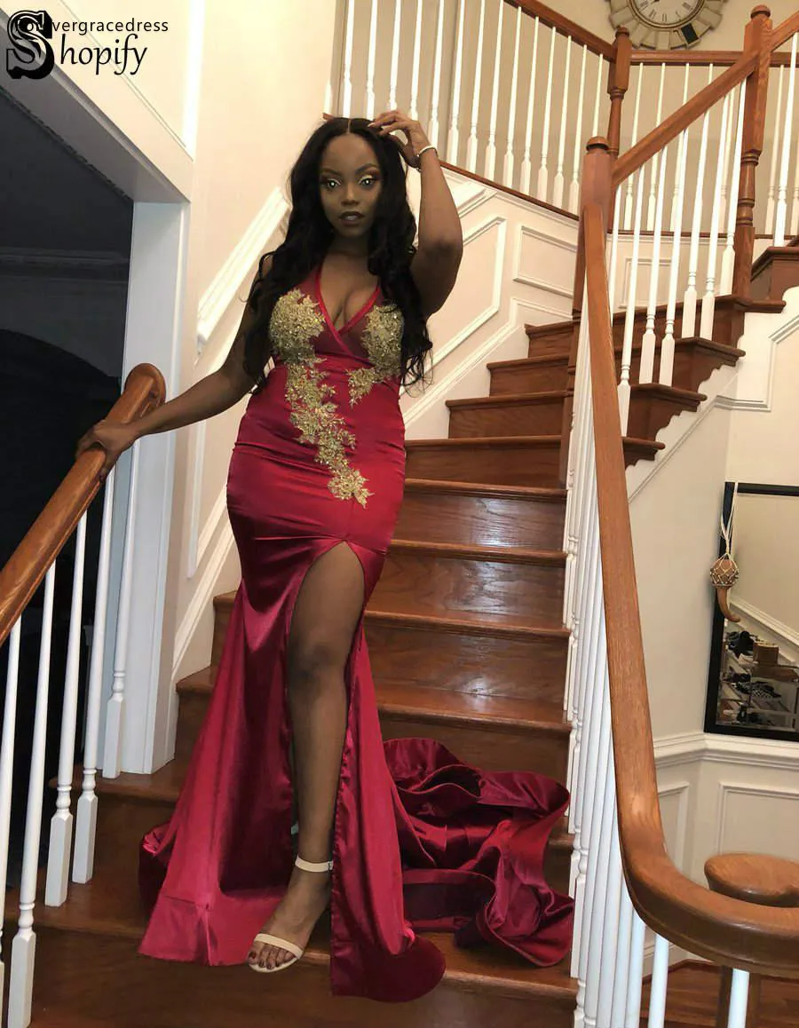 Dark Red With Gold Appliques Mermaid Prom Dresses For Black Girls Junior Graduation Evening Gowns Split V Neck Backless Women Vestidos 132 (6)