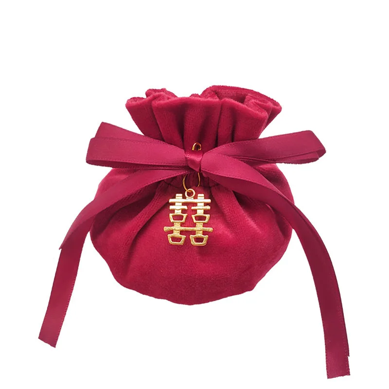 Розовый Красный Зеленый Синий Круглый низ с металлической лентой шнурок бархатные свадебные конфеты сумки бутик Gfit упаковка мешок 11x15c - Цвет: Red