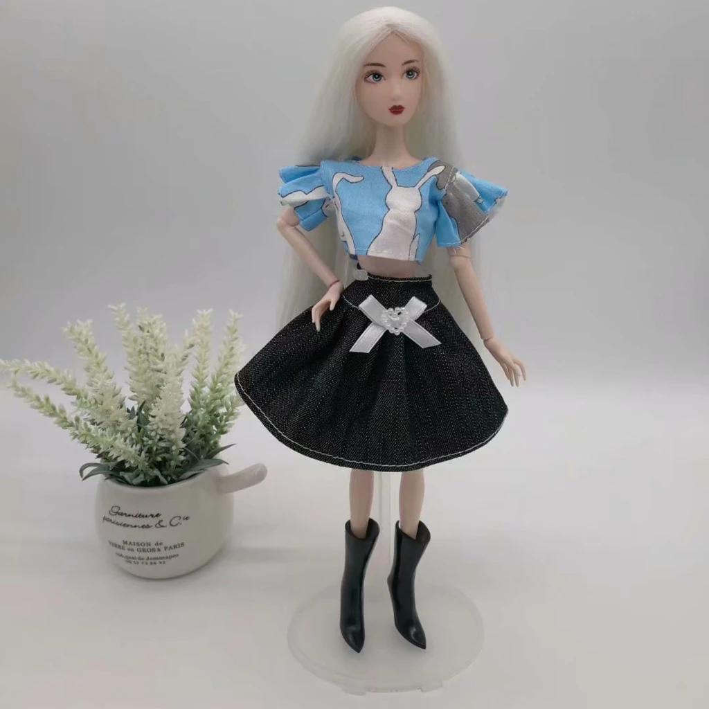 Fashion Doll Outfits Rabbit Tops & Black Denim Jean Dress Skirt For   Dolls Accessory Blue	