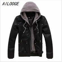 AILOOGE M-4XL хлопок с капюшоном Съемная Мужская модная мотоциклетная Черная куртка из искусственной кожи PU мужская повседневная Байкерская кожаное тонкое пальто