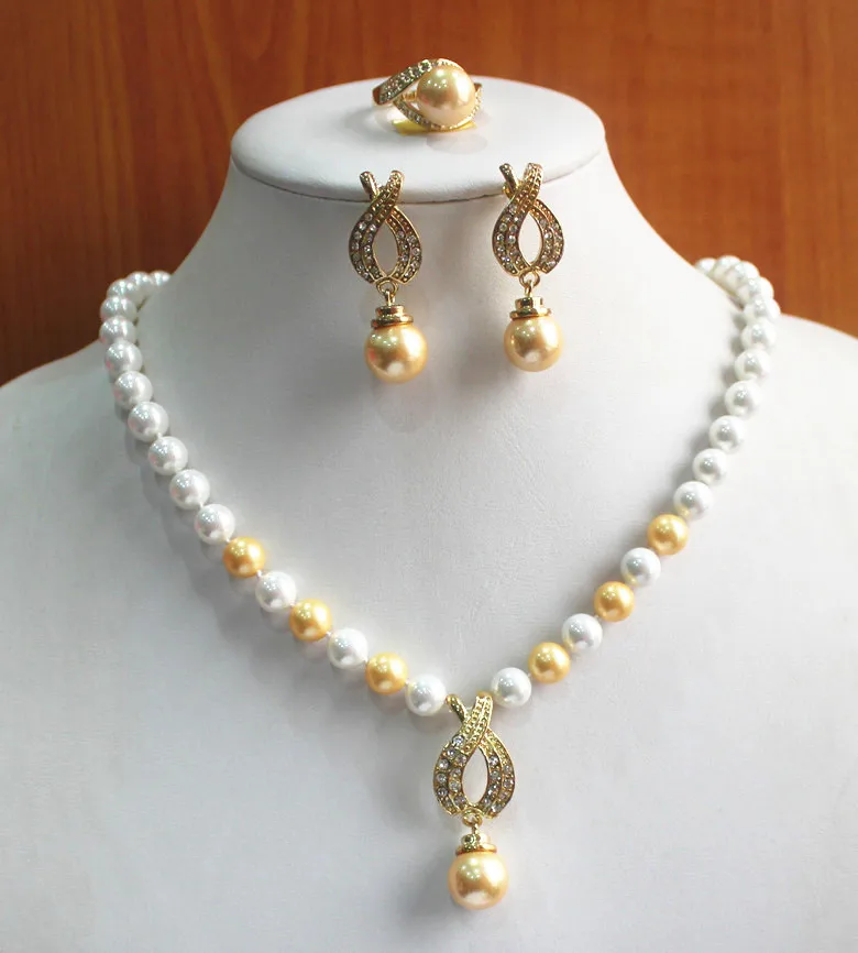 

engagement! Wholesale Women's 8mm white and yellow pearl Necklace earring ring(7/8/9) jewelry set #244