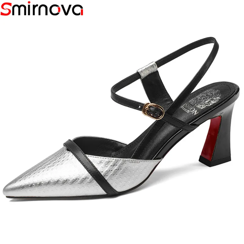 Smirnova/Новые летние туфли больших размеров женские элегантные босоножки с острым носком женские свадебные туфли из натуральной кожи на высоком каблуке