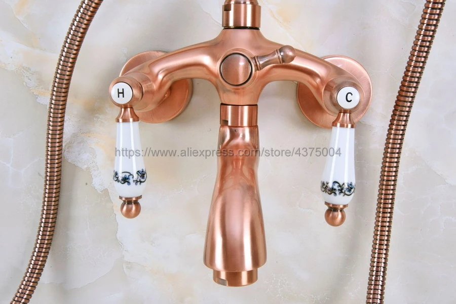Antique Red Copper Bathroom Clawfoot Bath Tub Faucet Mixer Tap Ceramic Handle Hand Shower Head Nna365