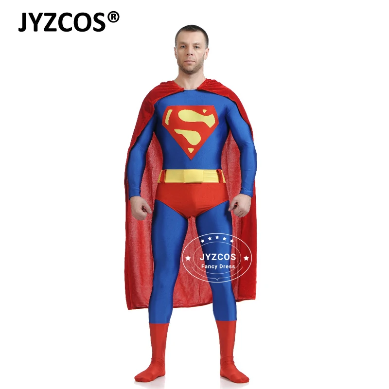 JYZCOS Adult Superman Costume Movie Superhero Cosplay Costume Spandex Lycra Zentai Suit Halloween Carnival Costumes for Men 