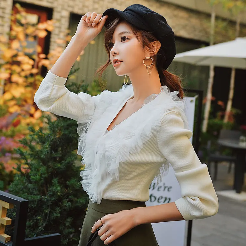 Dabuwawa Ruffles V Neck Romantic Mesh Knitted Sweaters For Girls Women Lanterns Sleeve Elegant Sweet Cardigans Tops #DN1AJS005