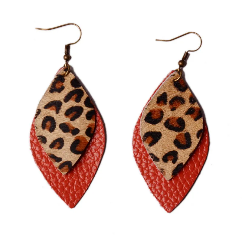 Rainbery 2 Слои леопардовые серьги из кожи для Для женщин из натуральной кожи в виде капли воды, большие длинные висячие серьги Модные листье Длинные висячие серьги - Окраска металла: coral