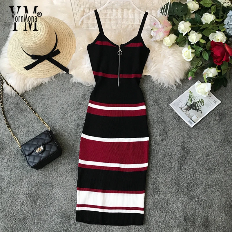 

YornMona Vintage Spaghetti Strap Dress 2019 Zipper Design Elegant Bodycon Dress Contrast Color Ladies Striped Office Dress Tunic