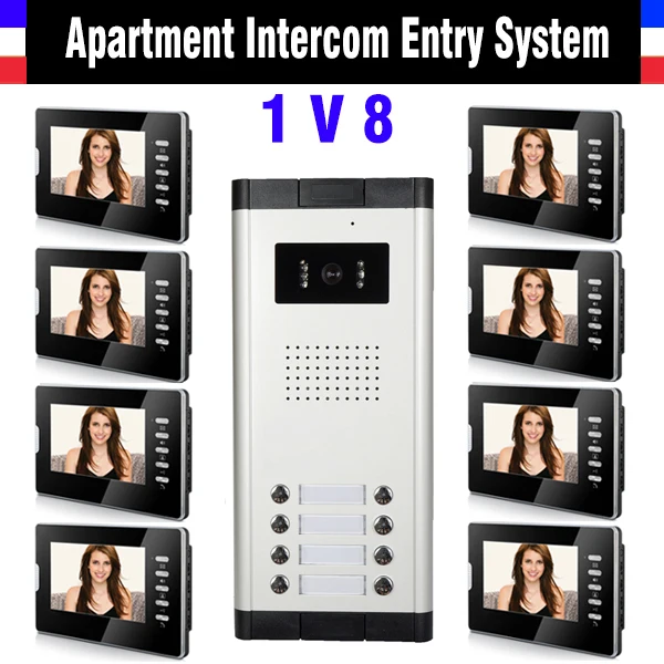 Apartment Intercom System 8 Units 7 Inch Monitor Video Intercom Doorbell Door Phone Systen Night Version Camera for 8 unit house