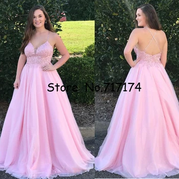 

Long Prom Dress V-neck Beading Straps Lace Applique Party Dress with Crossed Straps Back Sweep Train Tulle Bridal Evening Dress