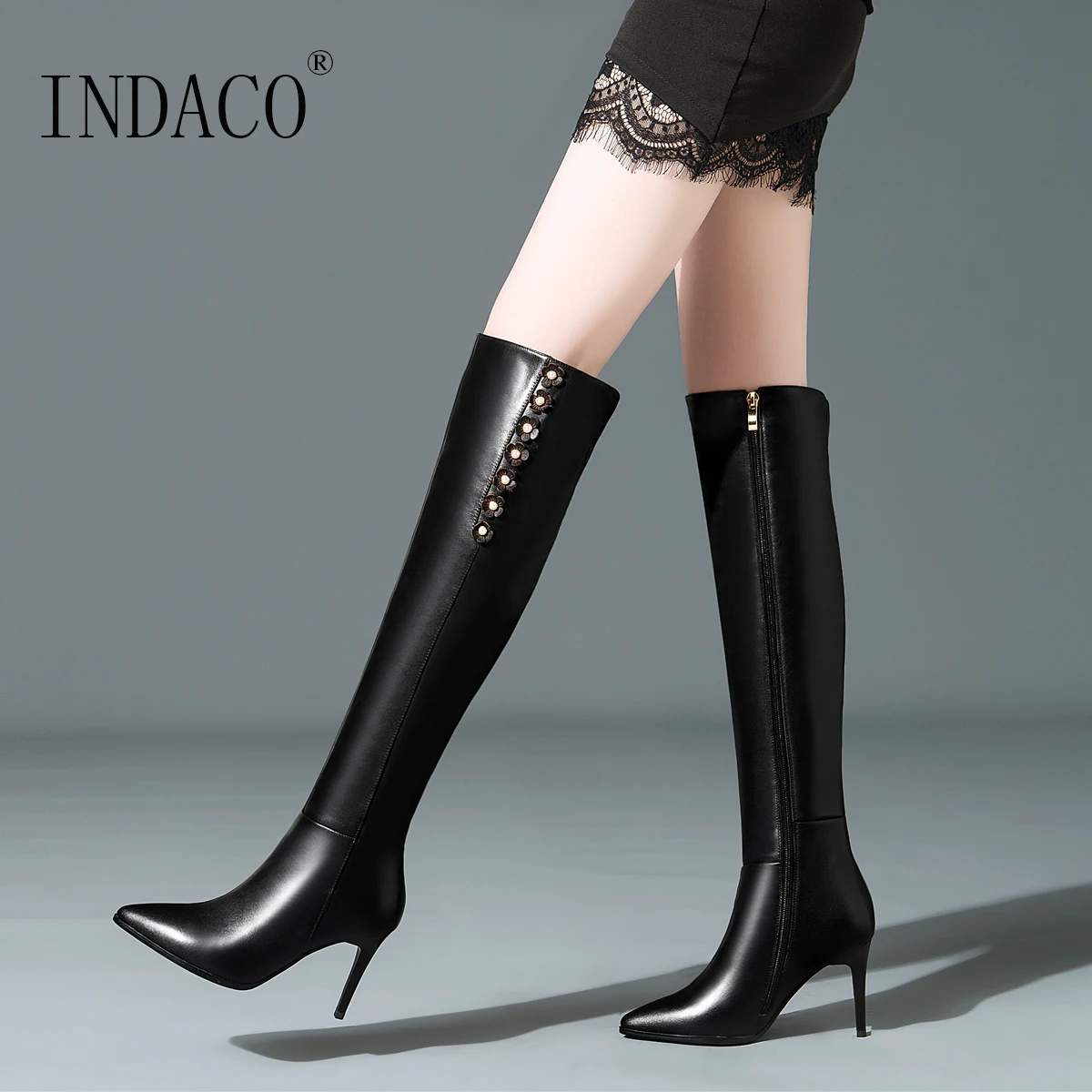 

Women Leather Over the Knee Boots Flowers Knee High Boots Women Winter Warm Boots 11cm Thigh High Boots