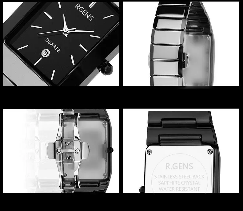 Мужские Керамические наручные часы, мужские черные белые кварцевые квадратные часы, деловые повседневные водонепроницаемые мужские наручные часы, бренд RGENS 5510