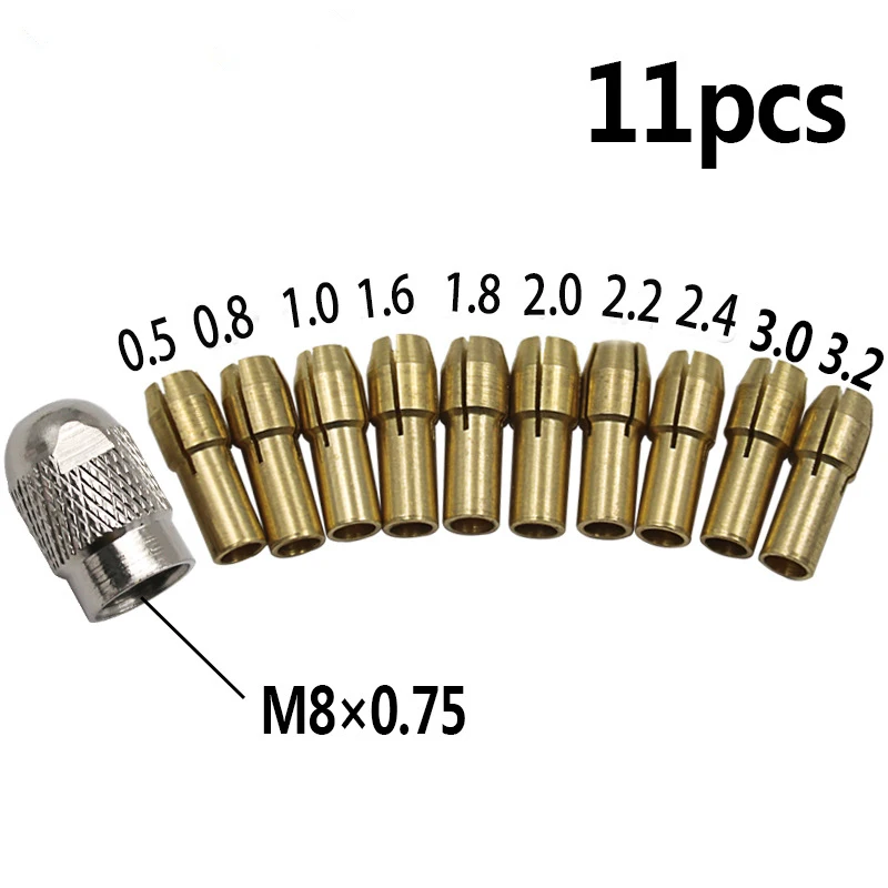 

11pcs Three-jaw Copper Drill Chuck Collet Clip Bit Set for Dremel Rotate Tool Mini Electric Grinding Accessories 0.5-3.2mm