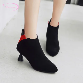 

British college style round head ankle boots fashion color matching zipper black yellow high heel thick riding boots women shoes