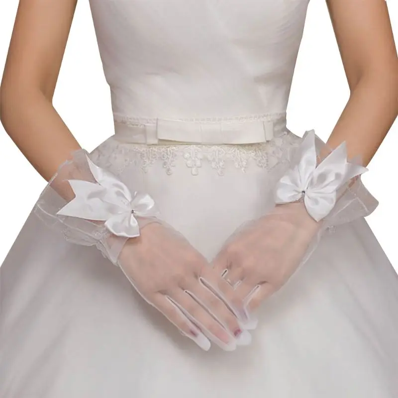 Новые перчатки невесты марлевые с бантиком с пальцами короткие белые перчатки свадебное платье аксессуары фото реквизит