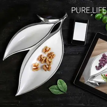 

Ceramic Fruits Plate Double Leaves Shaped Coffee Table Nuts Fruit Plate Home Decor Ornament YU-Home