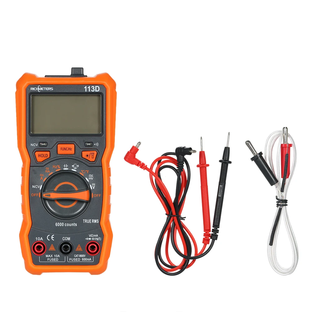 

RICHMETERS RM113D NCV Digital Multimeter 6000 Counts Auto Ranging AC/DC Voltage Temperature Measuring Meter Backlight