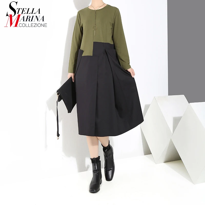 Goede Nieuwe 2018 Koreaanse Stijl Vrouwen Groen Zwart Patchwork Jurk Lange Mouw Knie Lengte Vrouwelijke Casual Wear Straight Jurk vestidos 7163