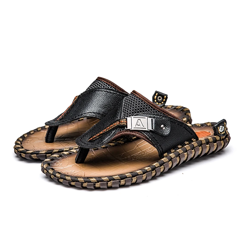Brand Men's Luxury Flip Flops 2019 Genuine Leather Slippers Summer Beach shoes For Men Fashion Outdoor Sandals Male Plus Size 48