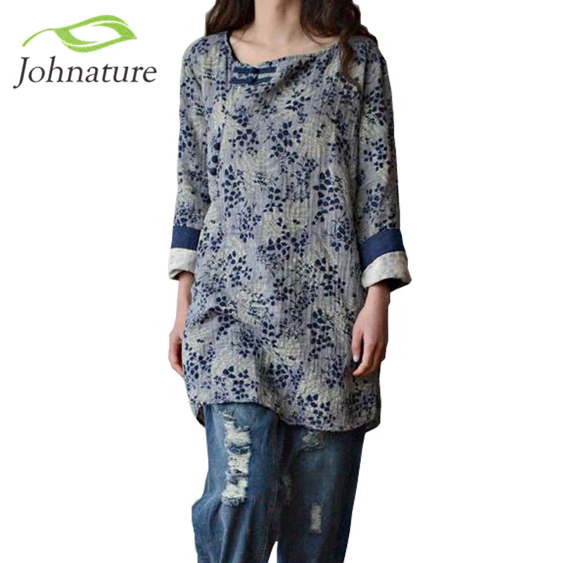 Johnature, женские рубашки с цветочным принтом, винтажные, на пуговицах, свободные, осень, новинка, повседневные, китайский стиль, хлопок, лен, топы, Оригинальная блузка