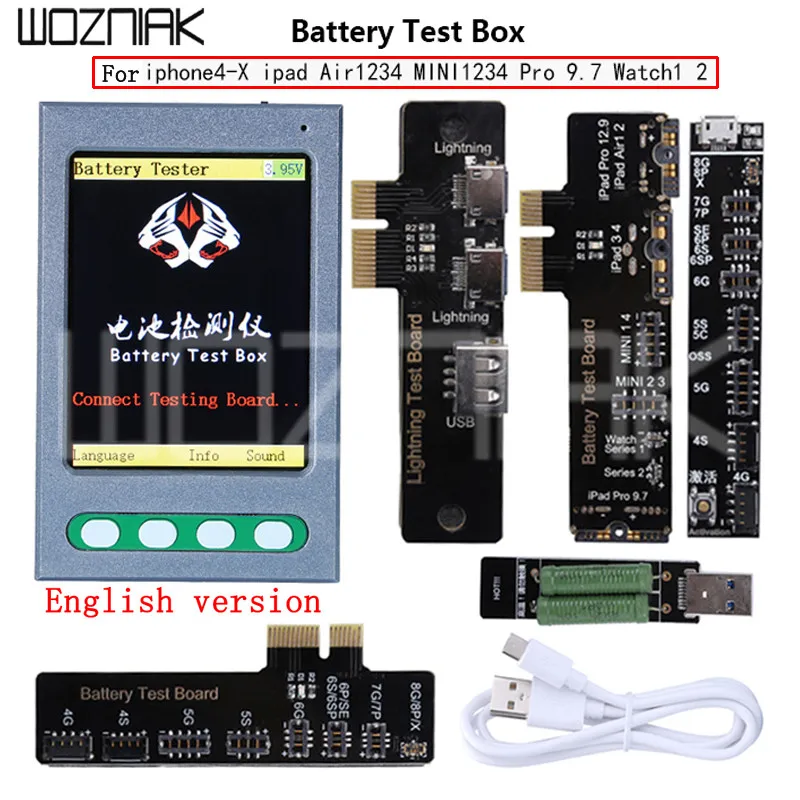 

English Battery Tester For iPhone X 8 8P 4-7p For iPad iWatch Battery Checker For iPhone USB Cable Tester Clear Cycle