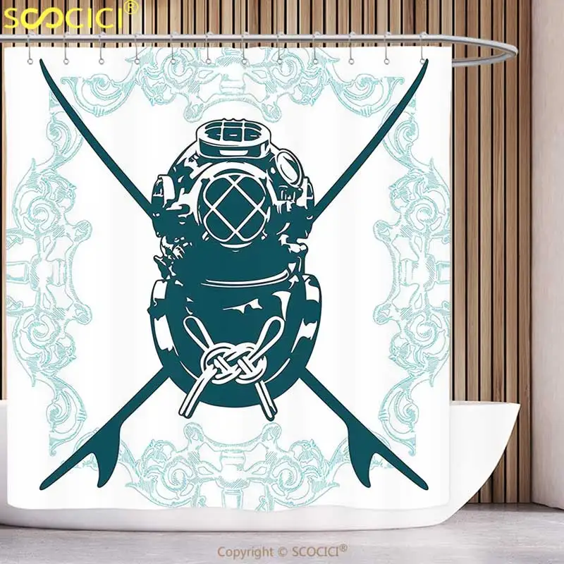 Polyester Shower Curtain Surf Decor Odd Sign with Diving Suit and Elements Myst Underwater Life Recreational Design Blue | Дом и сад