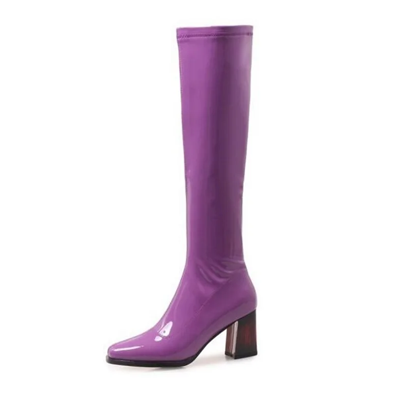 purple knee high heel boots