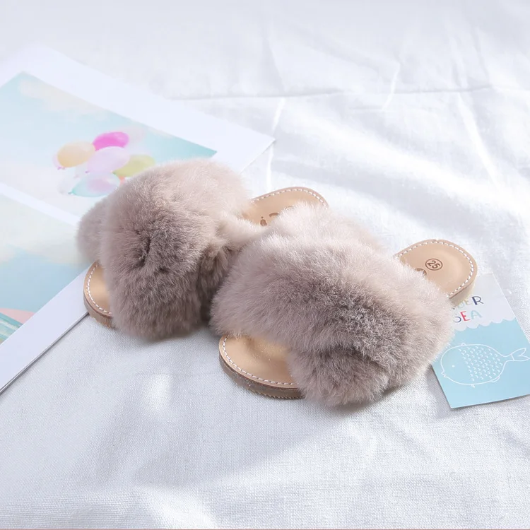 New Spring Plush Slippers Girls Slippers Real Rabbit Fur Shoes Open Toe Slippers All-match Childrens Shoes Summer Home Slippers