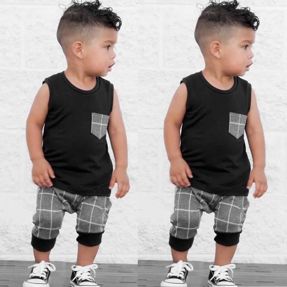 

Infant Toddler Baby Boys Girl Sleeveless Plaid Tops T Shirt Vest Plaid Shorts Outfits Clothes Set Summer Outfits set clothes