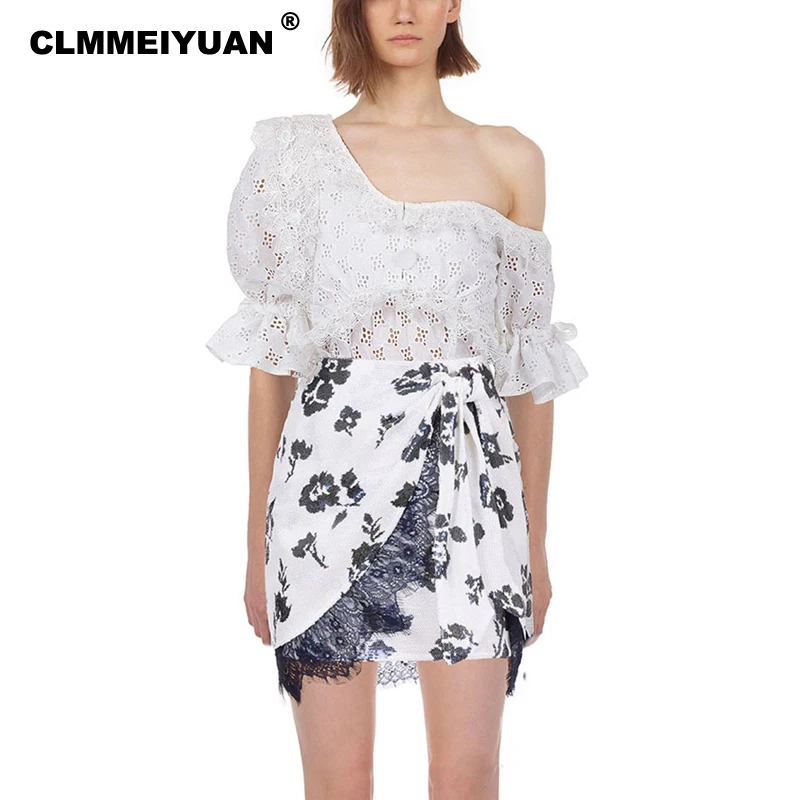 

Sexy One Shoulder Lace Tops Shirts and Floral Print Wrap Skirt Two Piece Set Women Summer 2019 Chic Vocation Beach 2 Piece Set