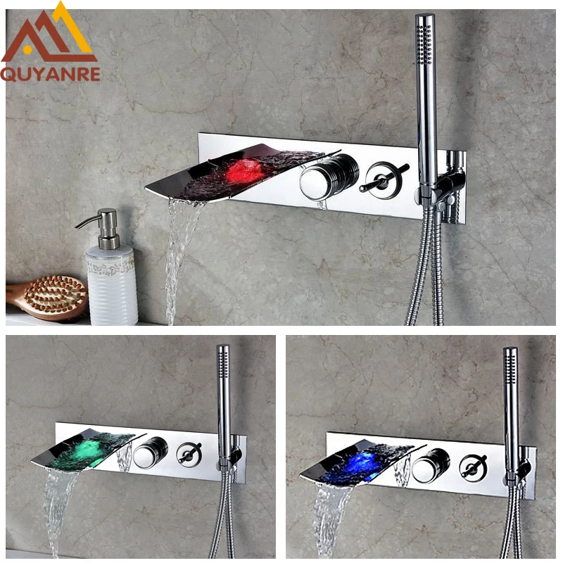 quyanre wanfan frap led bathtub faucet chrome Luxury Wall Mounted Brass LED Waterfall Tub Filler Faucet With Handheld Shower(Composed of a Waterfall Faucet, Fixed Shower Head and 2 Handle Valve)