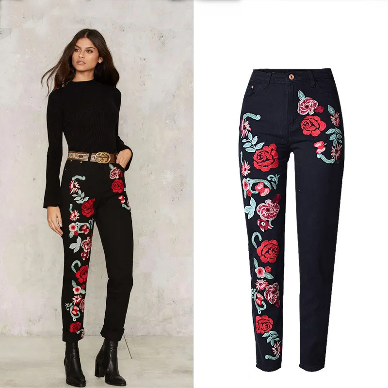 ФОТО BringBring 2017 New Spring 3D Embroidery Roses Jeans Women Loose Black Causal Denim Pants for Woman Winter Jean 1825