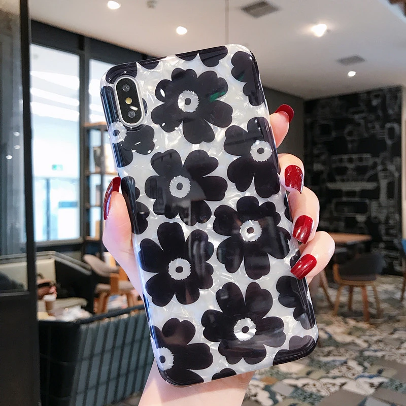 

Elegant Black Flower Phone Case for Iphone X Xs Max Glitter Print Shiny Soft Tpu Case for Iphone 7 8plus 6s Xr Back Cover