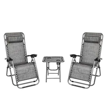 

2PCS Zero Gravity Lounge Chair Grey with Portable Cup Holder Table Outdoor Furniture Folding Picnic Camping Set